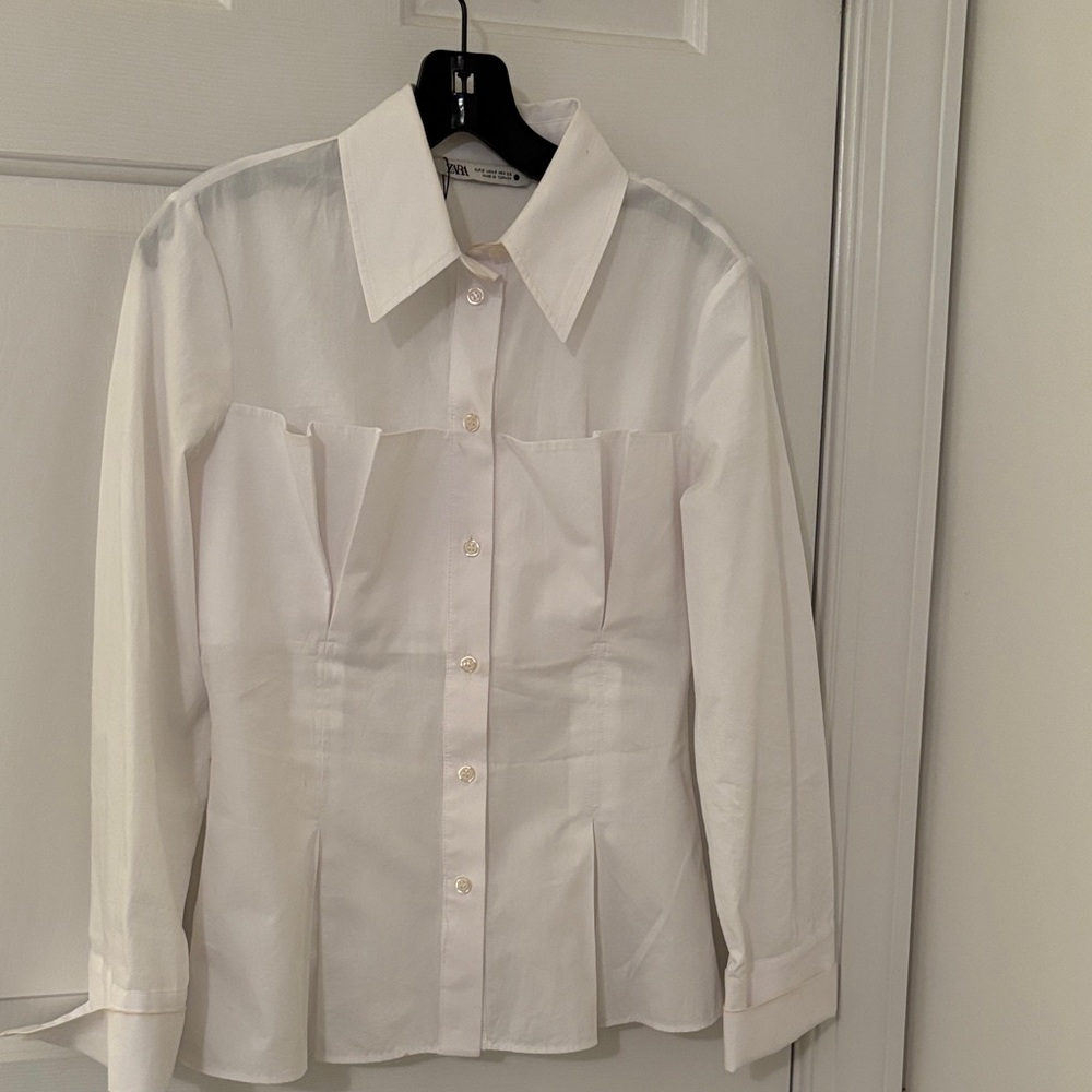 Zara White Cotton Button-Up Shirt with pleated upper detail